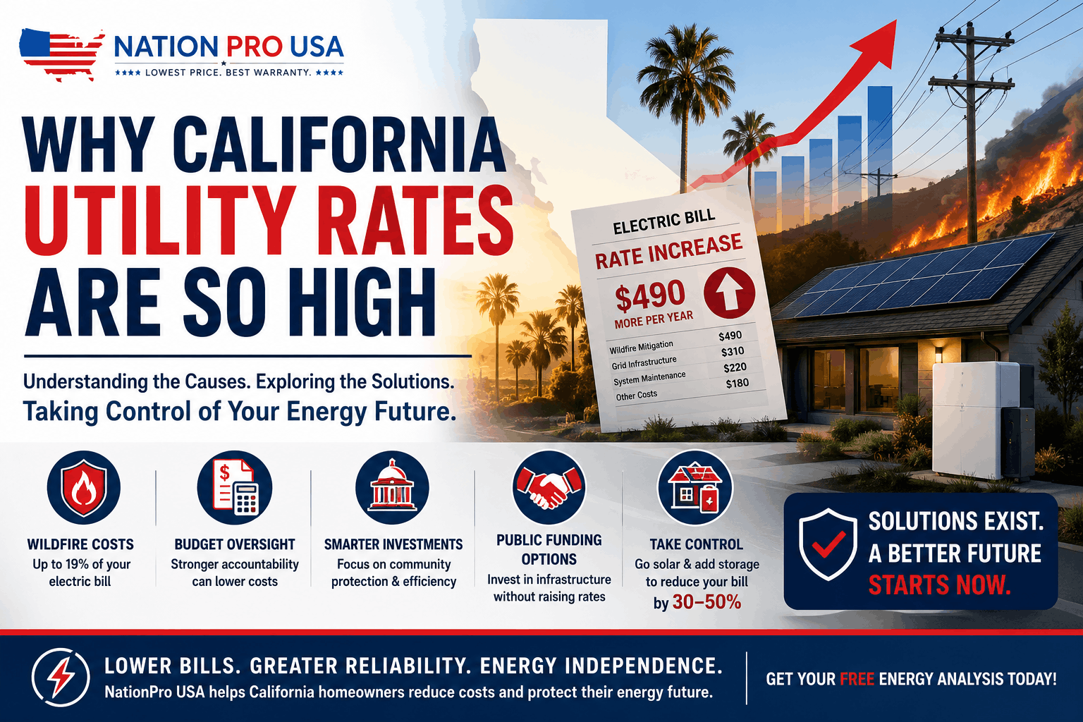 California homeowner reviewing a high electricity bill near a solar-powered home
