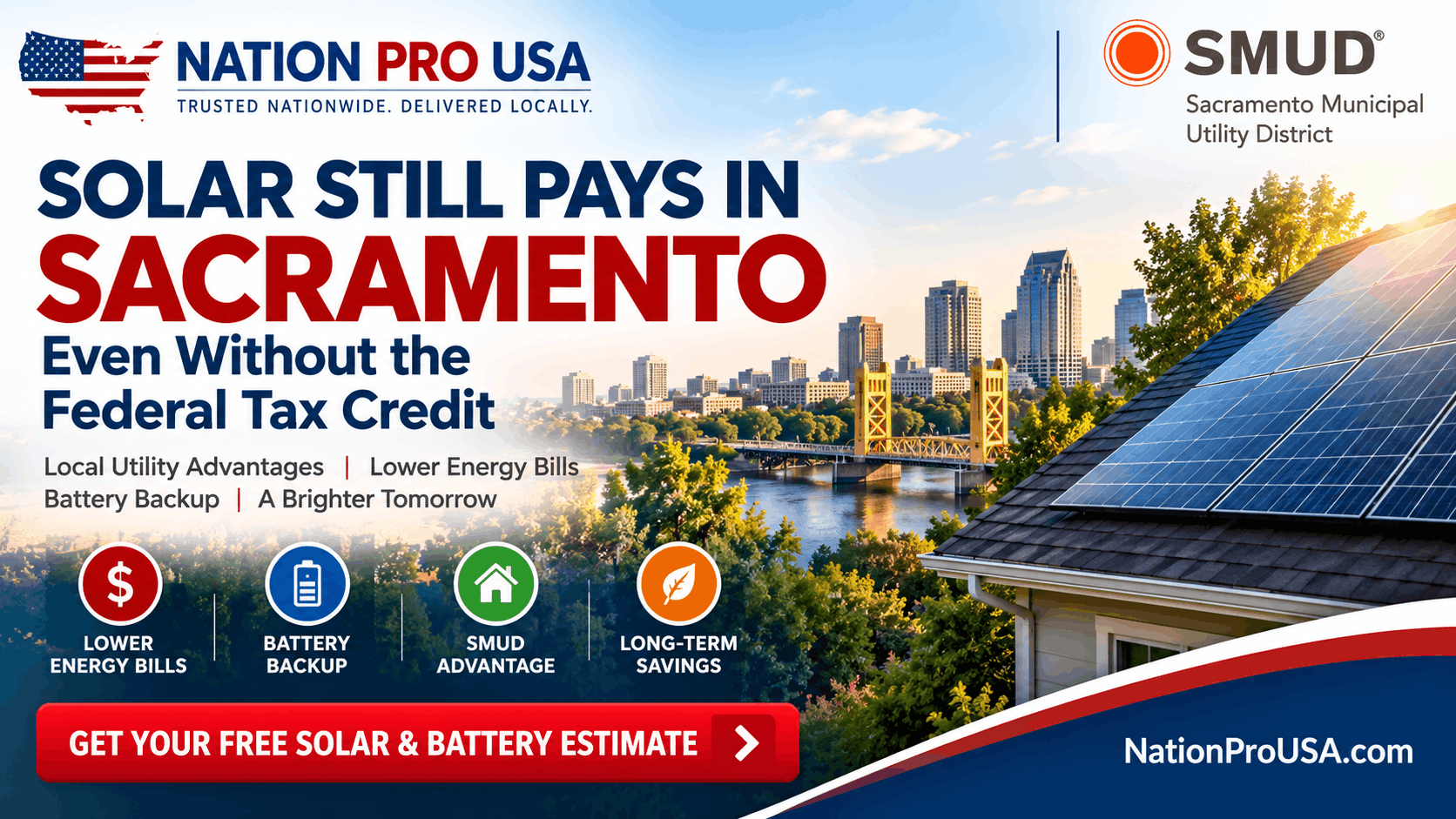 Sacramento home with rooftop solar panels and battery storage in SMUD territory
