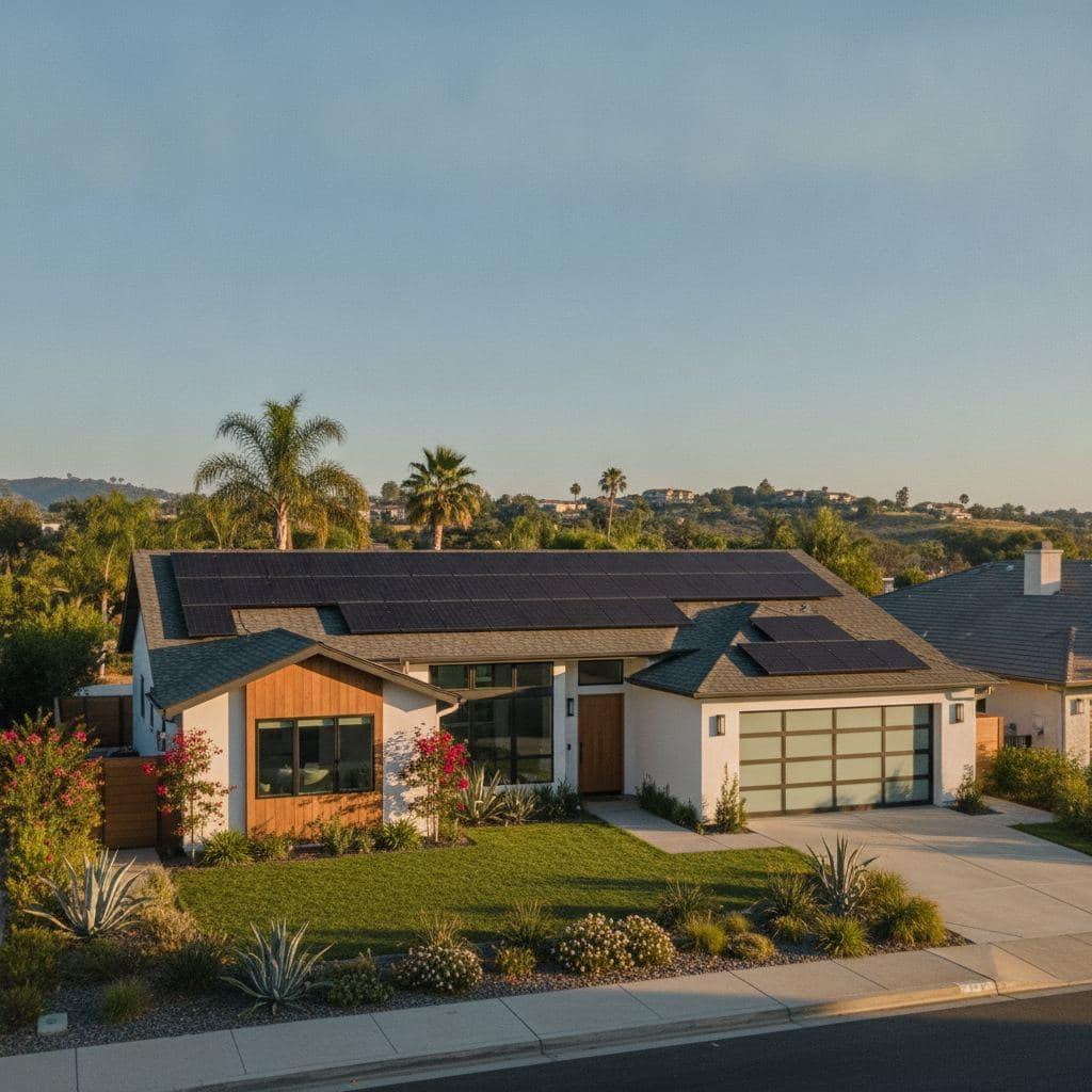 Residential rooftop solar panels generating electricity for a California home