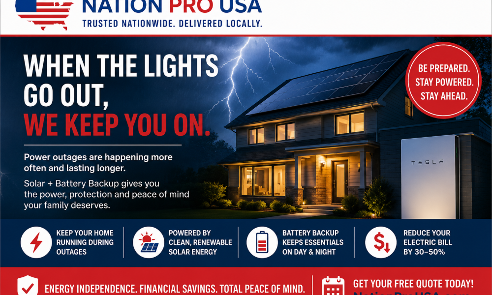 Home using solar panels and battery backup during a power outage