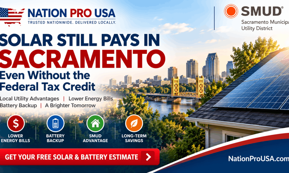 Sacramento home with rooftop solar panels and battery storage in SMUD territory